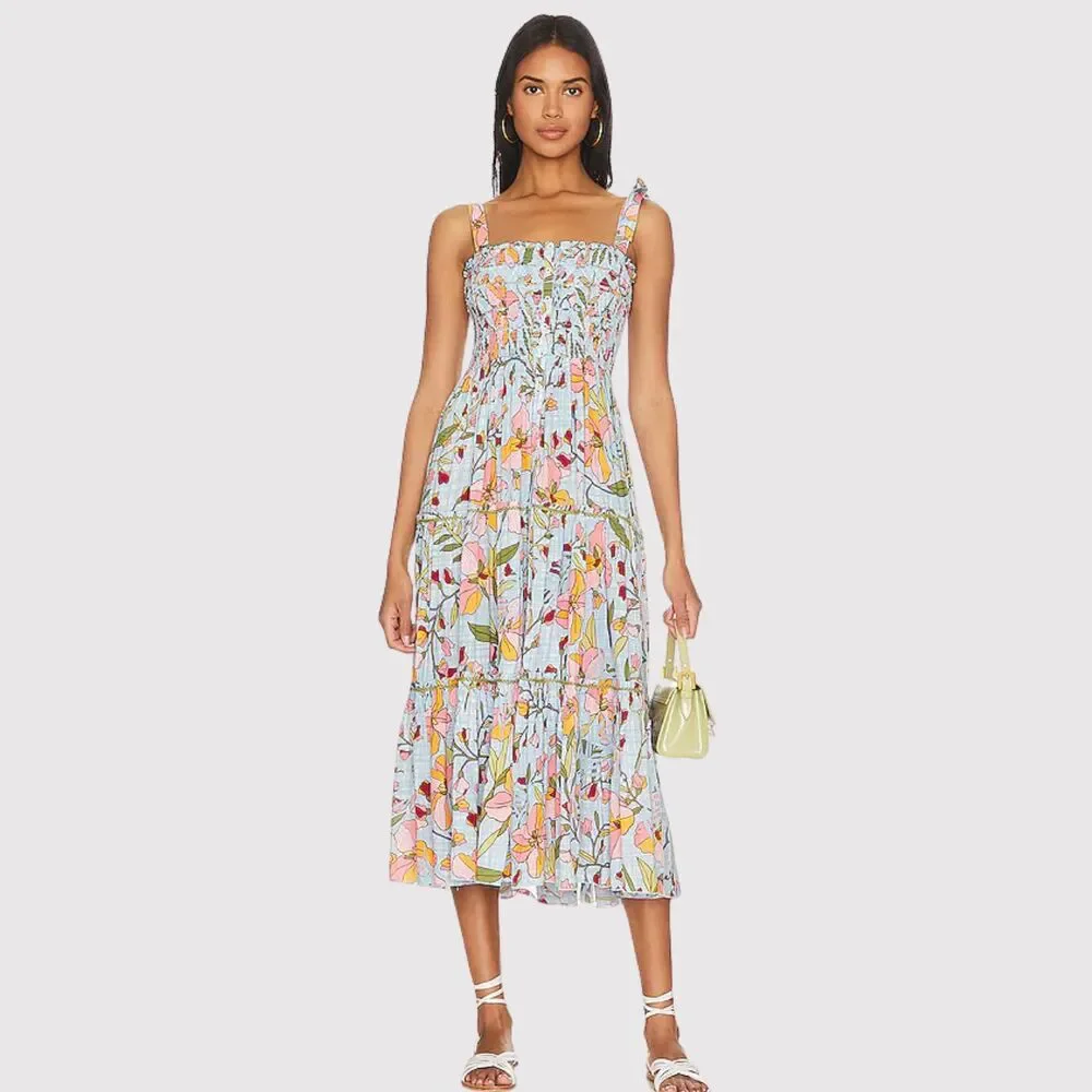 Poupette St Barth Dress Blue Midi Kleid Triny Floral Tank Tiered Smocked Boho XS